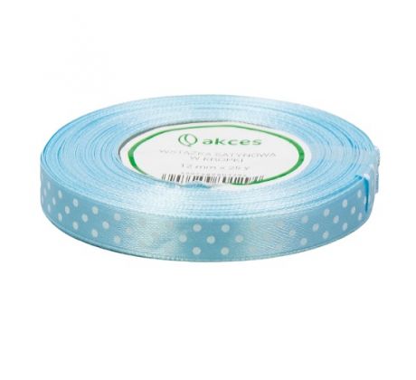 Stuha saténová bledomodrá s bielymi bodkami 1,2 cm / 22 m