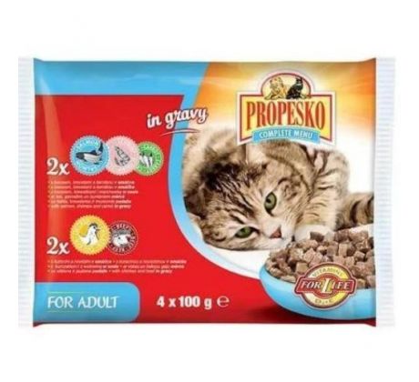 PROPESKO pre mačky losos, kreveta, kura, hovädzie 4 x 100 g