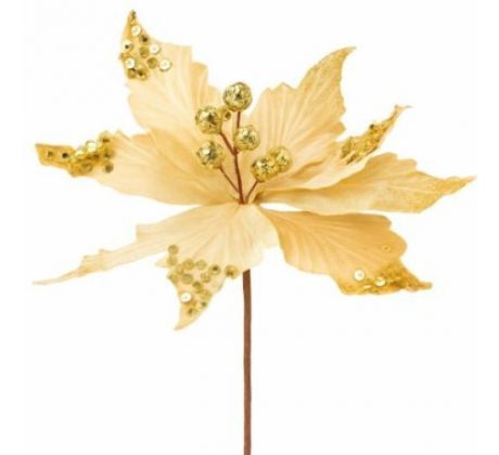 Vetvička MagicHome Vianoce s kvetom Poinsettia zlatá 31 cm