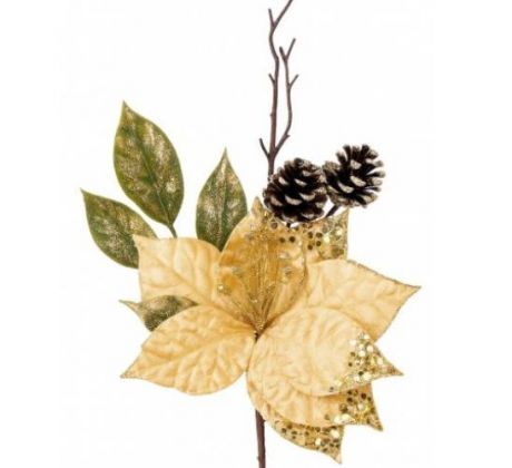 Vetvička MagicHome Vianoce s kvetom poinsettia zlatá 34 cm